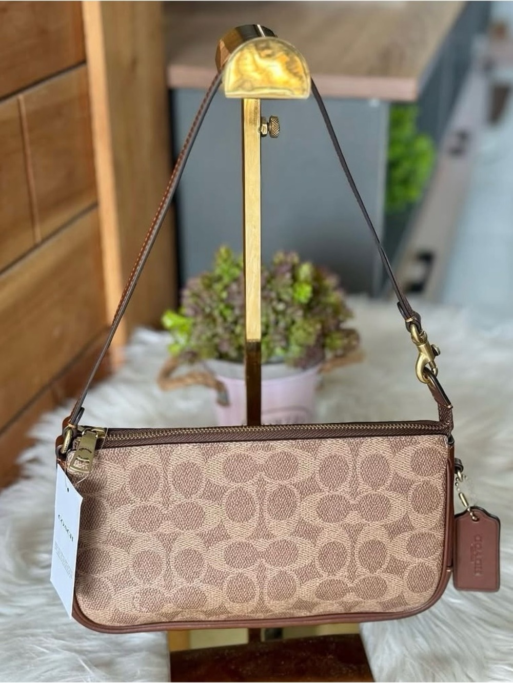 NWT Coach Plaza 22 Bag In Signature Canvas Tan Brown Shoulder Bag